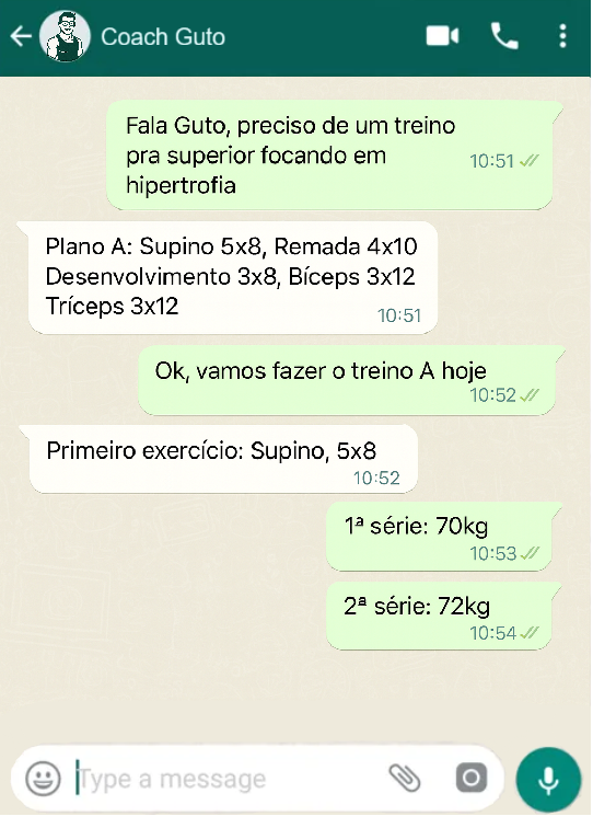 Exemplo de conversa com o Coach Guto, personal trainer pelo WhatsApp com treino personalizado barato e consultoria fitness online